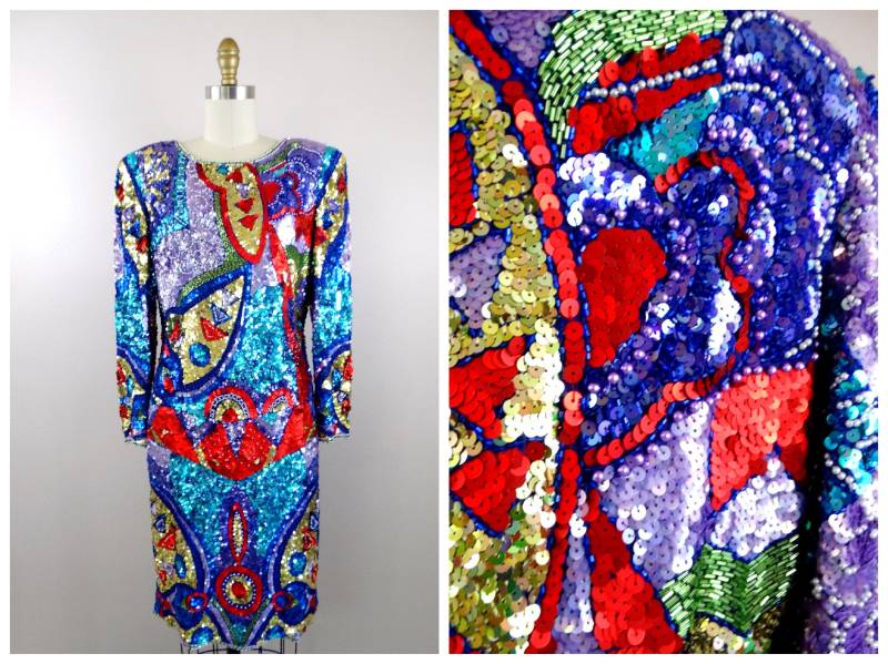 M/L Sparkling All Pailletten Cocktailkleid Selten Rot Blau Lila Gold Perlen Langarm Kleid von braxae