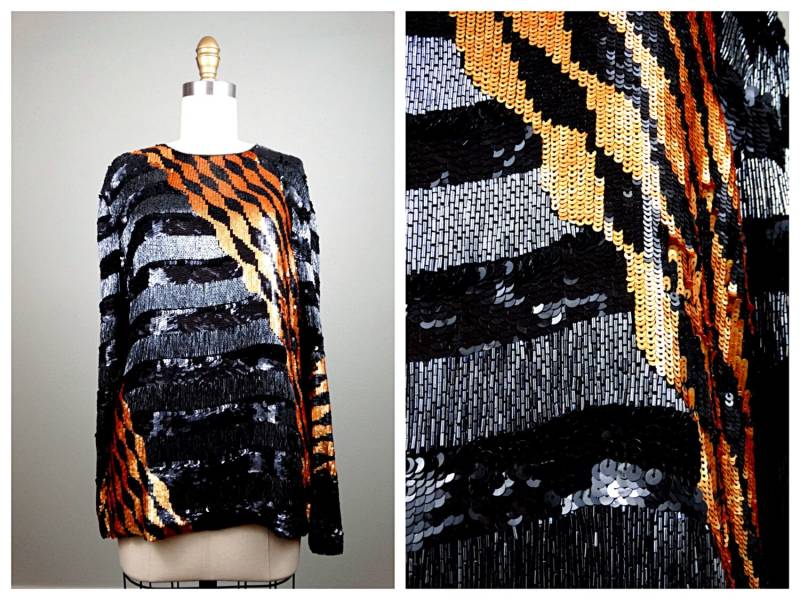 stark Perlen-Top/Retro-Schwarz-Gold-Voll-Pailletten-Fancy-Formelle-Langarm-Bluse von braxae