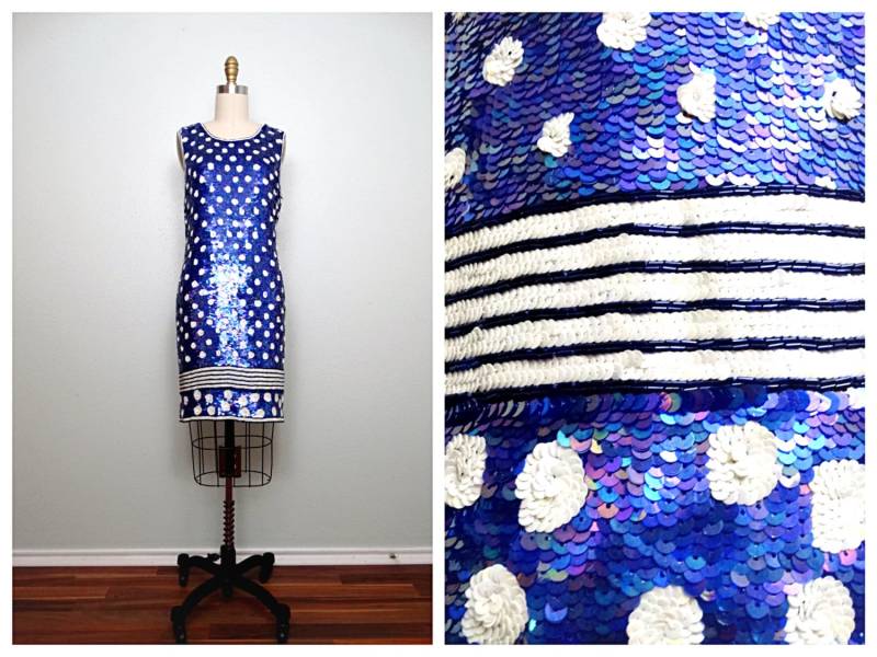 Mod Polka Dot Pailletten Kleid // Retro Marine Blau & Weiß Punkte Und Streifen Vintage Pop Art Gr. S von braxae