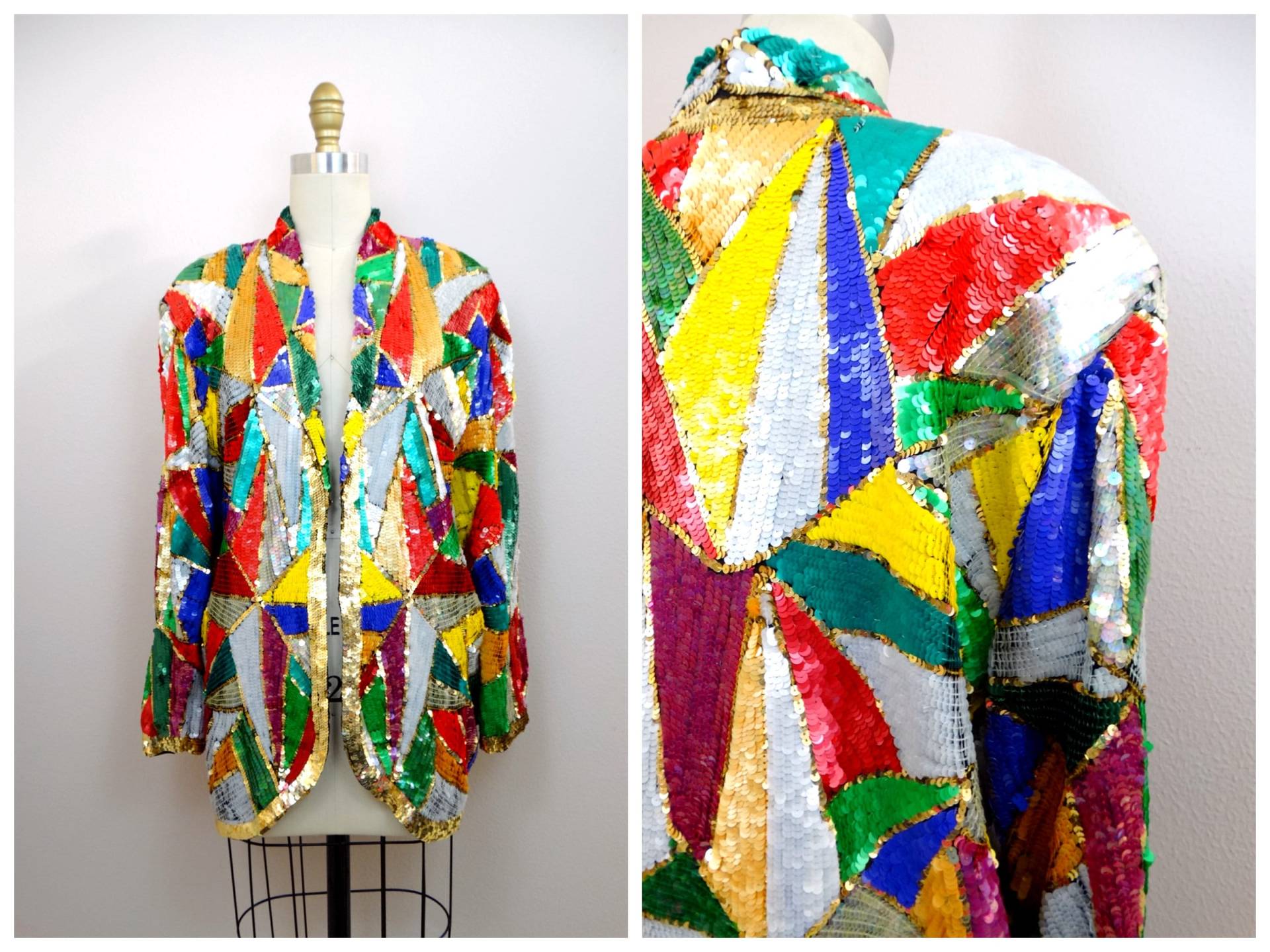 Mosaik Pailletten Vintage Jacke/Bunte Komplett Verzierte Lange Strickjacke Helle Glam Shrug Large Xl von braxae