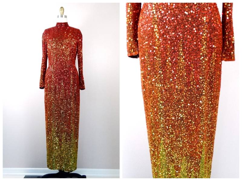 Naeem Khan Ombré Perlen Pailletten Kleid // Vintage Couture Regenbogen Riazee Vollperlen von braxae