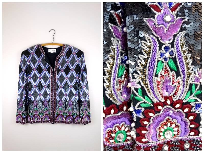 Naeem Khan Perlen Jacke/Riazee Couture Vintage Argyle Lila Pailletten Us Größe 10 von braxae
