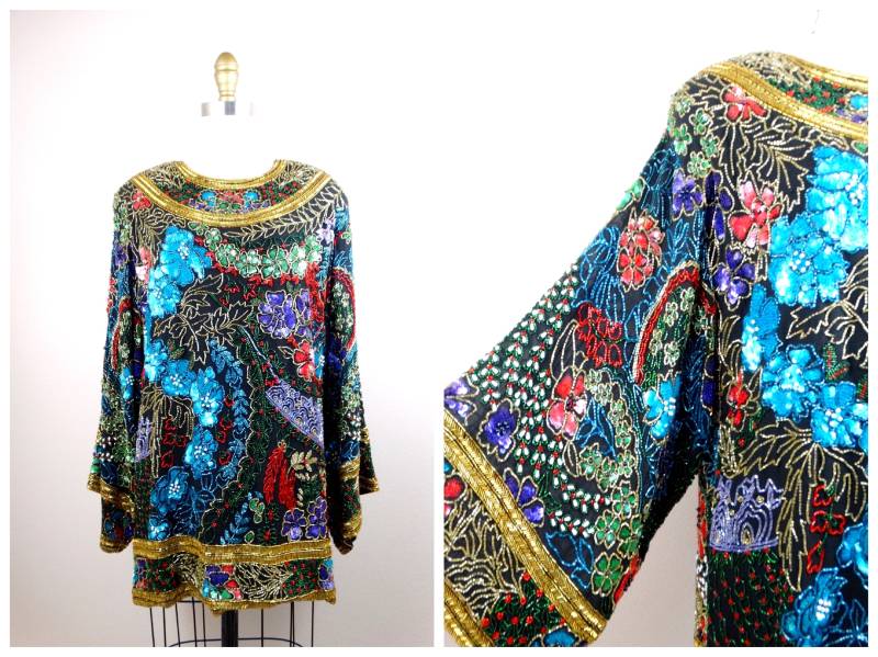 Naeem Khan Perlenbesetzte Tunika Oder Minikleid/stark Verziertes Long Top Oversized Pailletten Mit Weiten Ärmeln Von Riazee von braxae