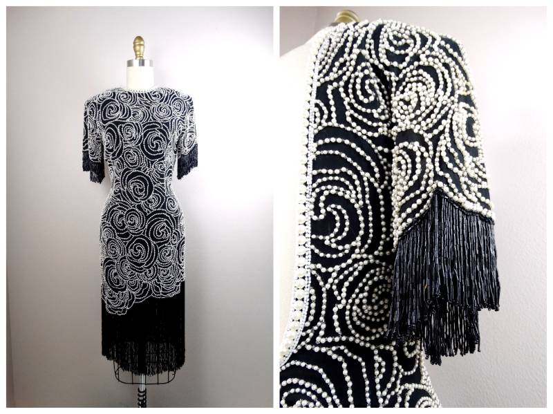 Naeem Khan Riazee Perlenbesetztes Kleid Mit Fransen/Abstraktem Blumenmuster von braxae