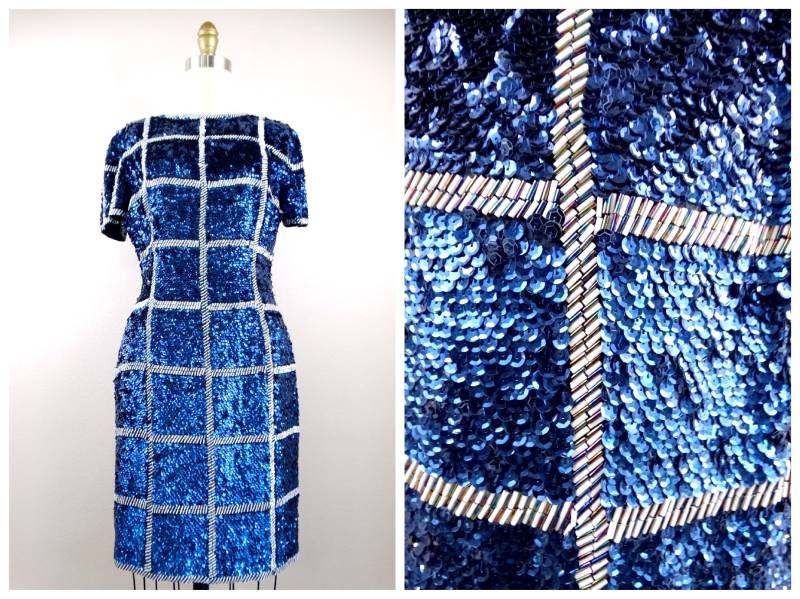 Navy Pailletten Kariertes Minikleid ‣ Retro Weiße Perlen Tief Dunkelblau Verziert Kleid Klein/Groß von braxae