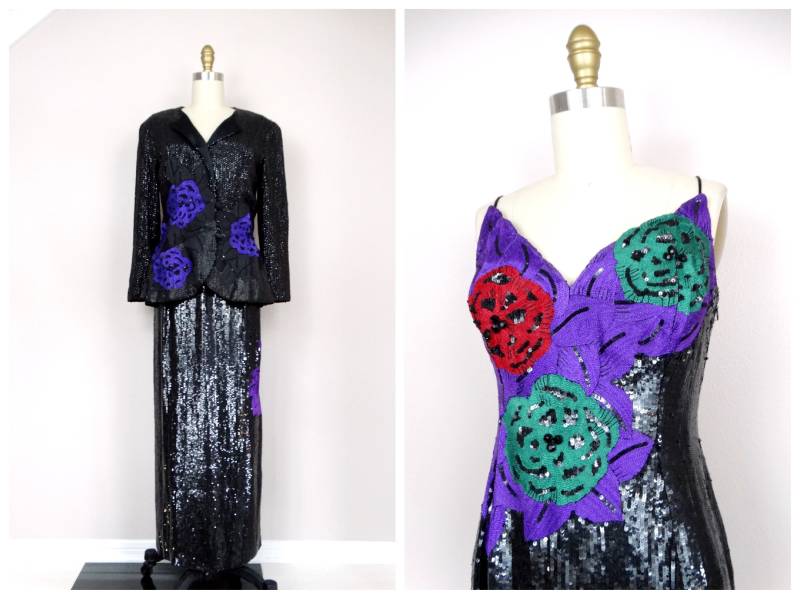 Neil Bieff Pailletten Abendkleid // Vintage Perlen Besticktes Kleid Mit Abendjacke S von braxae