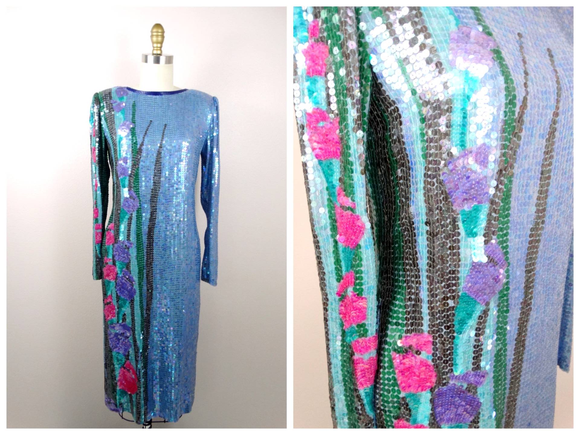 Neil Bieff Pailletten Kleid // 70Er Jahre Rosa Und Lila Blumen Art Deco Perlen Blau Midi Small S von braxae