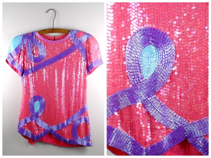 Neil Bieff Pailletten Top/Rosa Lila Und Blau Perlen Vintage Designer Couture Bluse Small von braxae