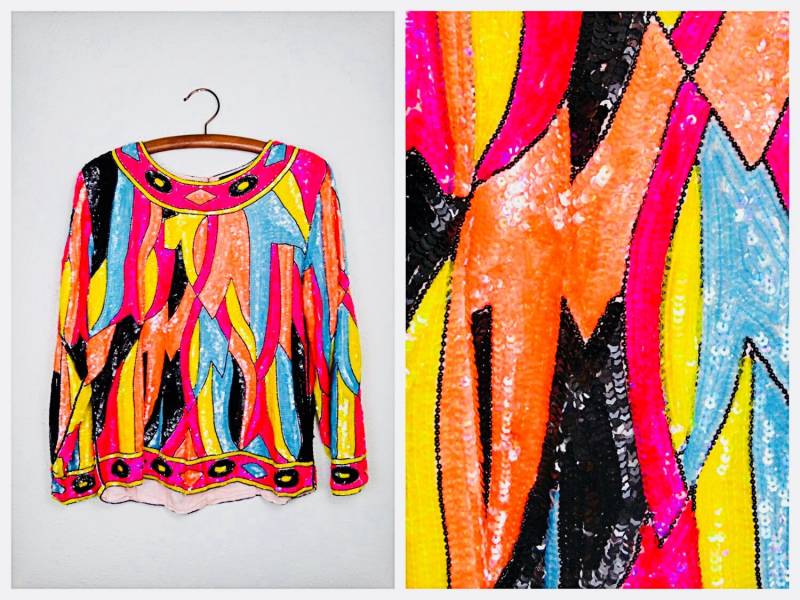 Neon All Pailletten Top/80Er Fluoreszierend Pink Orange Und Gelb Bluse Retro Vintage Mit Hellen Verzierungen von braxae