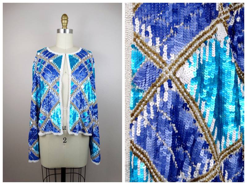 Neon Blaue Pailletten Jacke/Metallic Perlen Strickjacke Klein Mittel Groß Xl von braxae