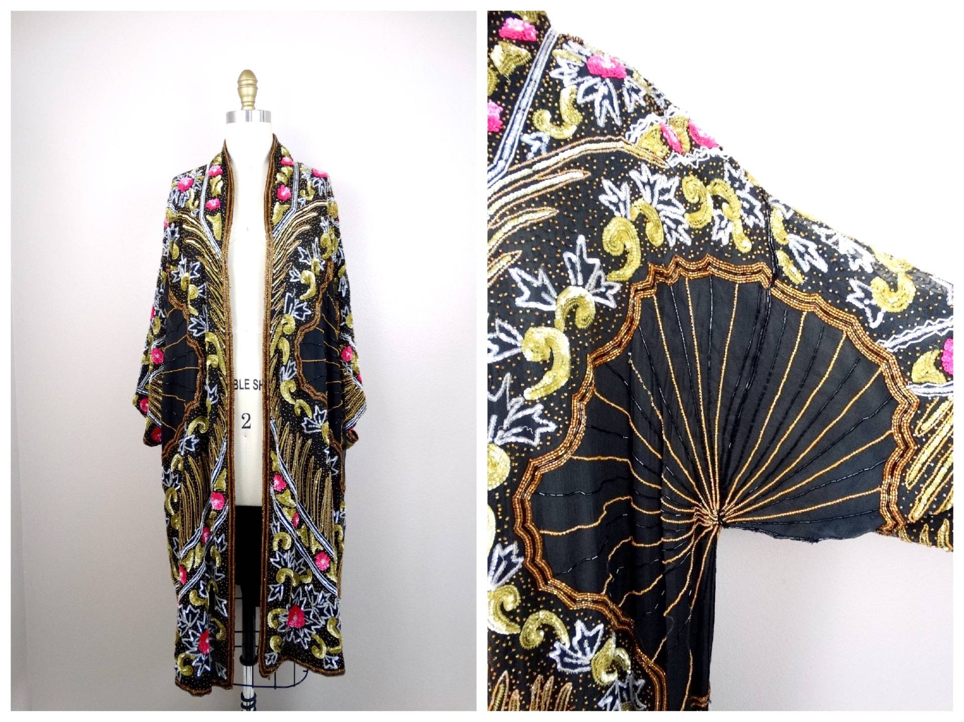 O/S Art Deco Pailletten Verzierte Abendjacke Abendgarderobe Offener Kaftan Gold Perlen Mantel 1x 2x 3x von braxae