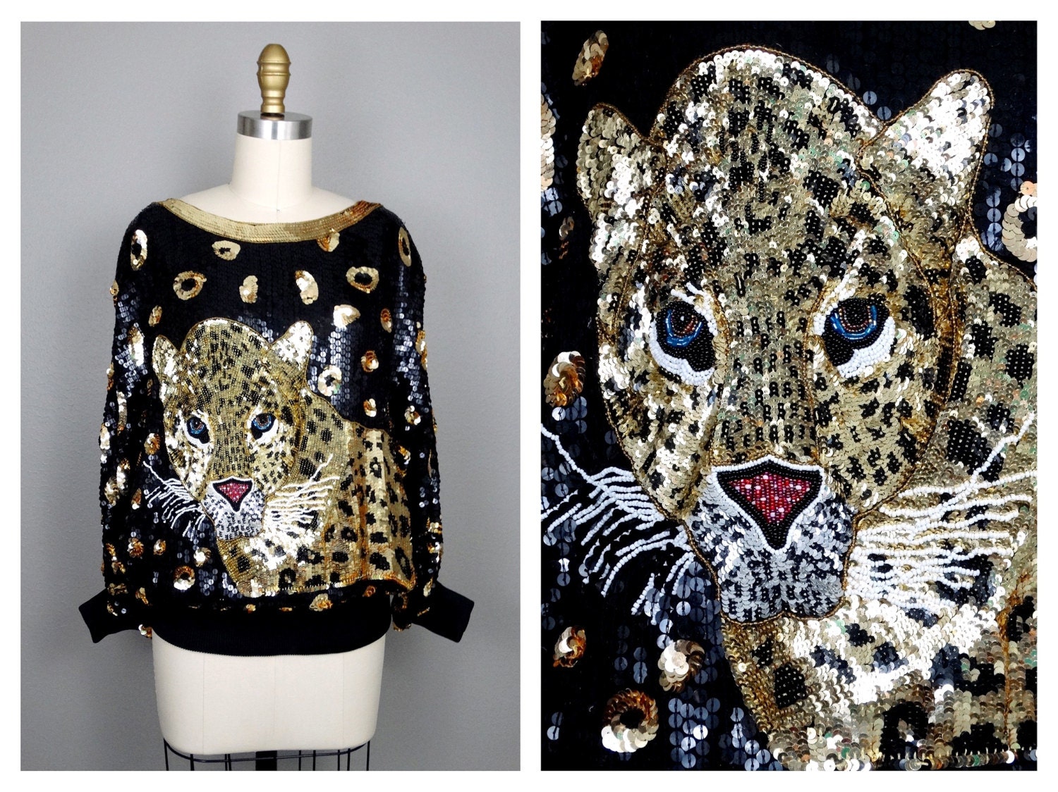 O/S Blue Eyed Leopard Pailletten Verziertes Top // Vintage Gefleckte Geparden Fledermausflügel Dolman Bluse von braxae