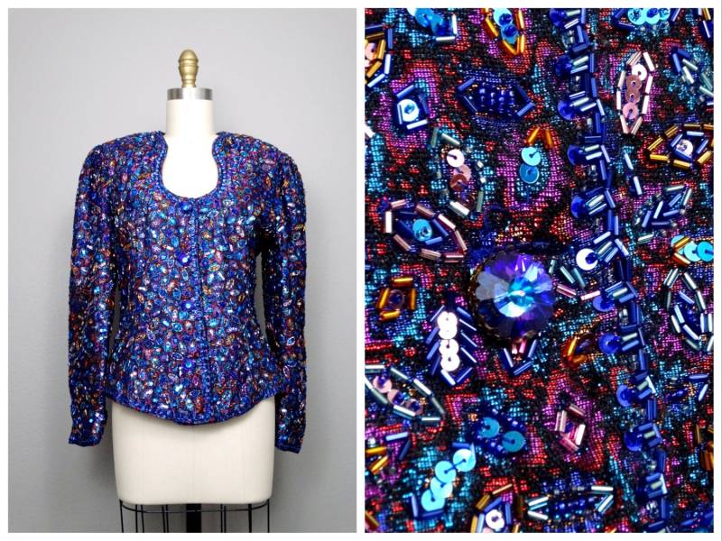 Oleg Cassini Kristall Perlen Abend Top/Verzierte Royal Blau Strass Bejeweled Button Down Pailletten Jacke von braxae