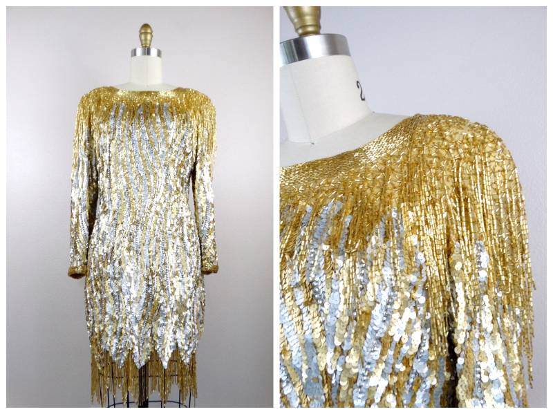 Oleg Cassini Pailletten Fransen Perlen Kleid // Silber Und Gold Mini von braxae