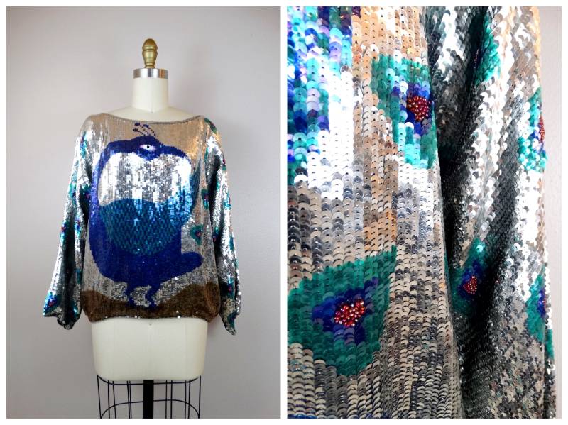 Ooak Peacock Pailletten-Top/Auffälliger Disco-Reflexiver Spiegel Pailletten-Perlen-Langarm-Pullover von braxae