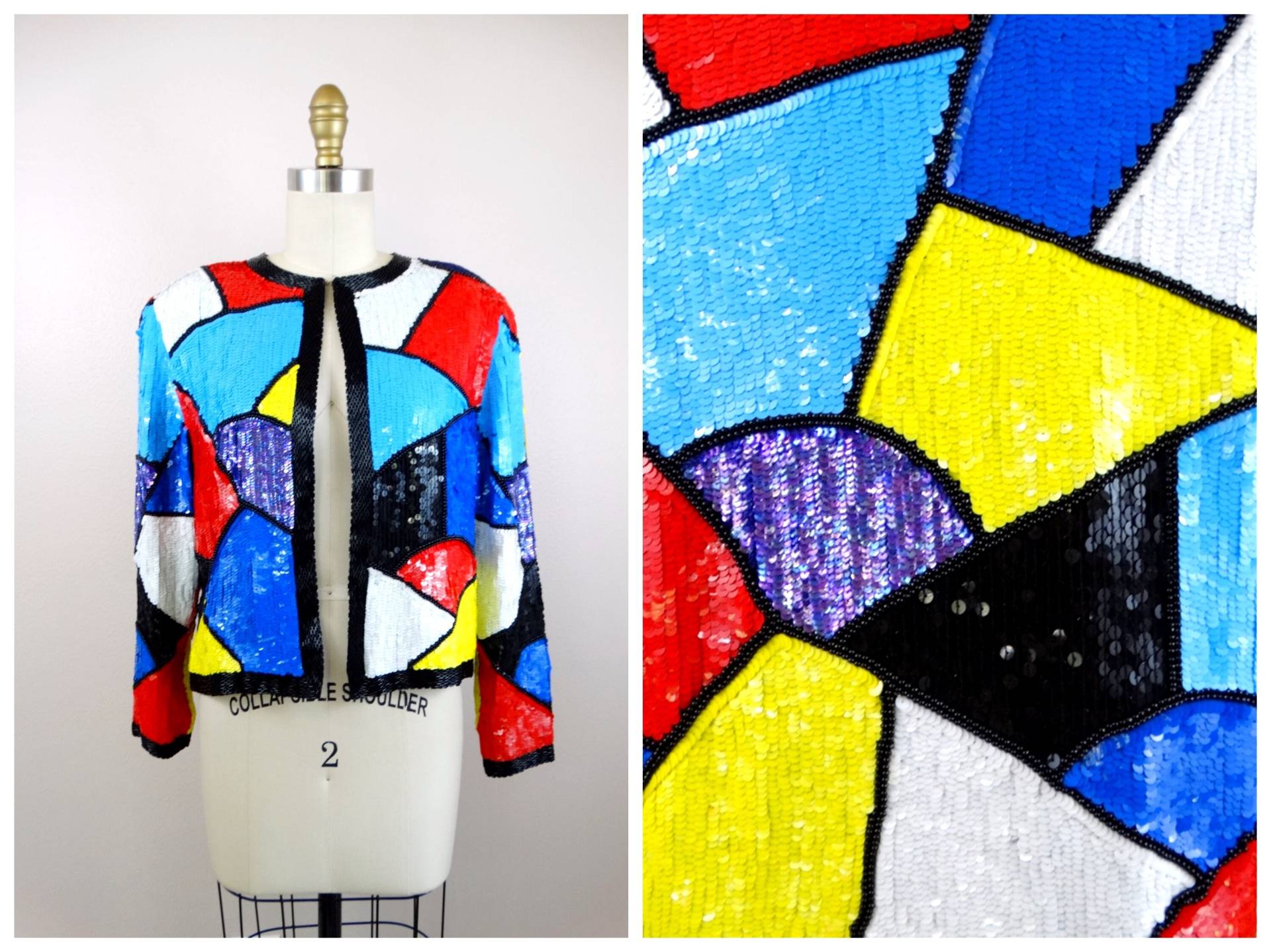 Opt Art Mosaik Pailletten Bolero/80Er Colorblock Trophy Jacke Geometrisch Verzierte Kurzjacke von braxae