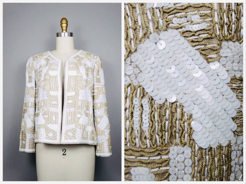 Oscar De La Renta Pailletten Jacke/Designer Couture Weiß Beige Taupe Bestickter Blazer Us Größe 10 Deadstock Vintage Nwt Bergdorf Goodman von braxae