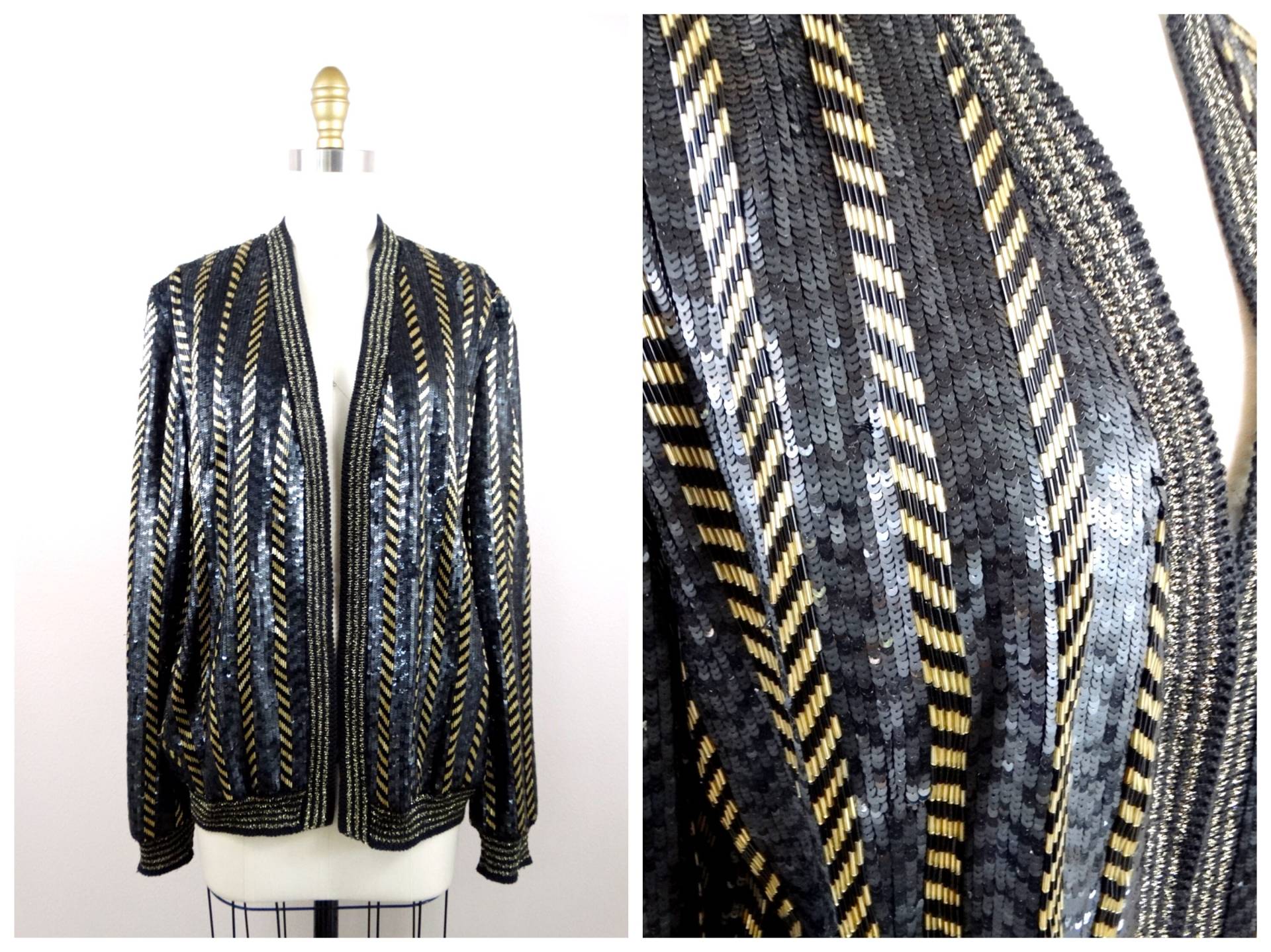 Oscar De La Renta Pailletten Perlen Jacke/Designer Vintage Couture Gold Und Schwarz Verzierte Strickjacke Us Größe 12 von braxae