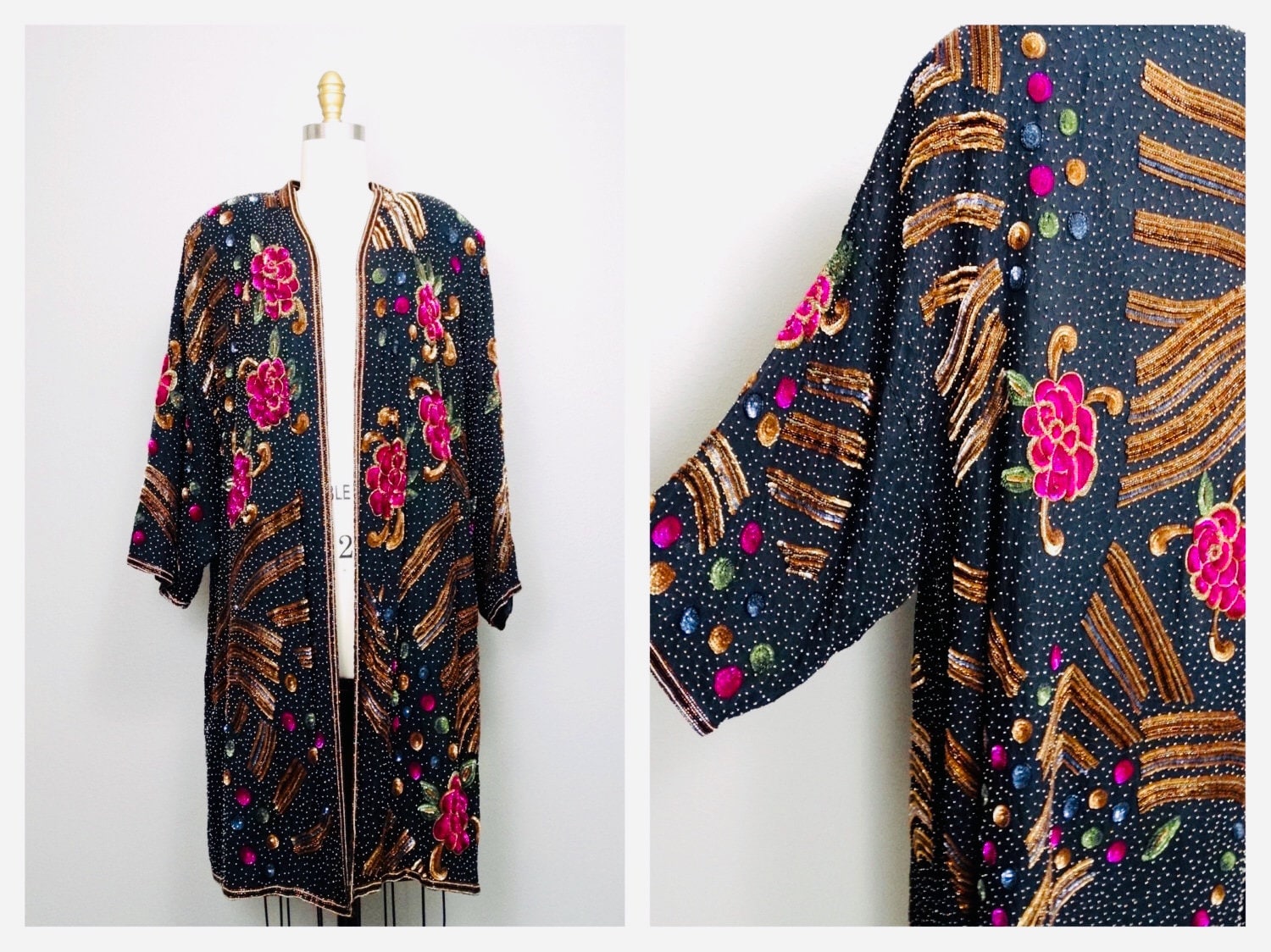 Plus-Size-Kimonojacke Mit Pailletten Und Perlen/Art-Déco-Neuheit in Übergröße, Offener Kaftan Rosa Blumen-Pailletten-Boho-Vintage-Swing-Mantel O/S von braxae