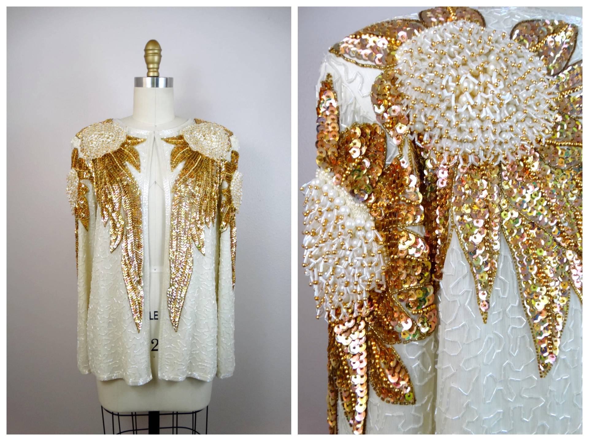 Perlen Gold Pailletten Cardigan // Stark Perlenbesetztes Top Offen Irisierende Elfenbein Jacke von braxae