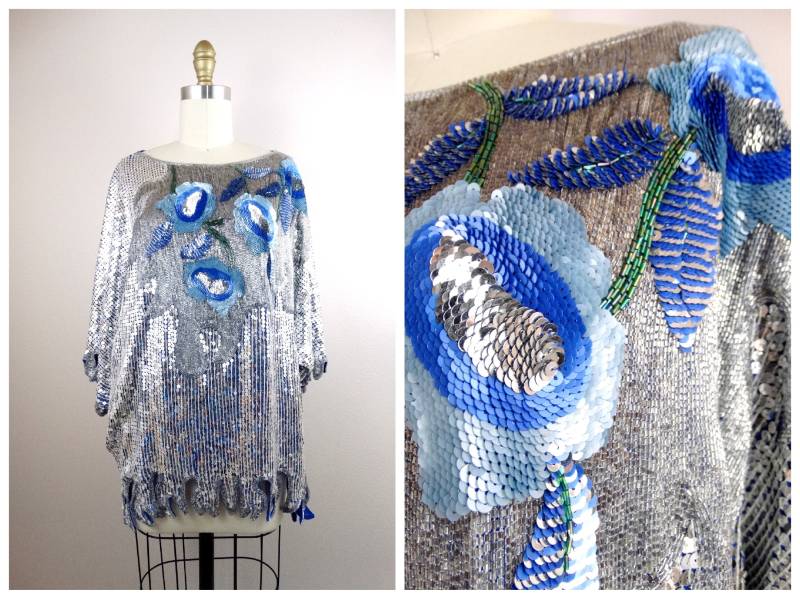 Plus Size Sequin Dolman Top/1980Er Silber Perlen Hellblaue Blumen Seide Tunika von braxae