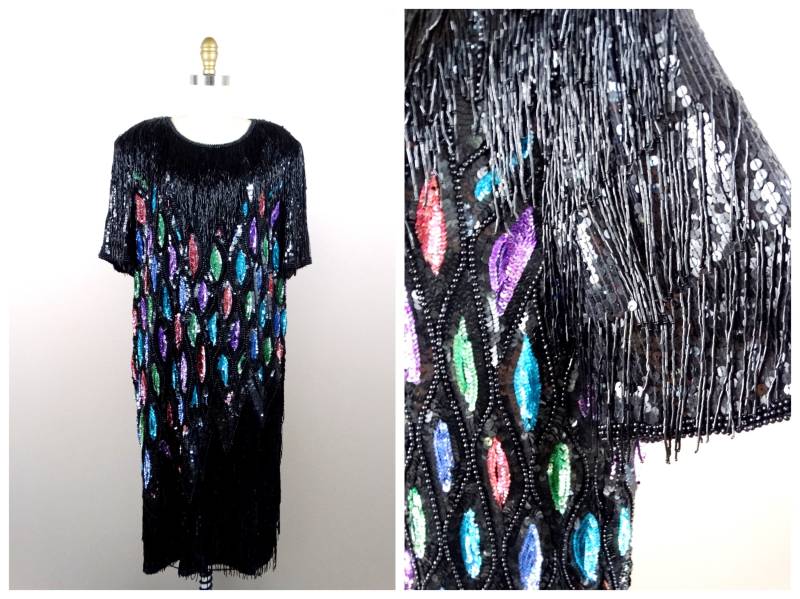 Plus Size Fransen Perlenkleid // Retro Paillettenverziertes Vintage Kleid Funky Paillettenperlenkleid Fransenkleid von braxae
