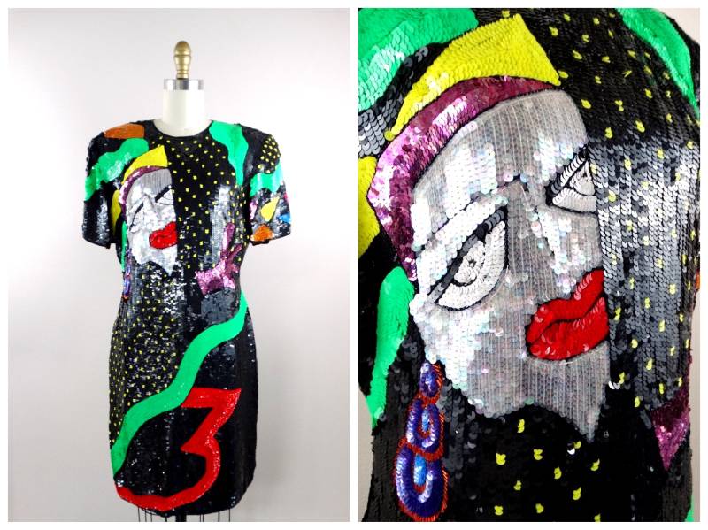 Pop Art Funky Paillettenkleid/Seltenes Retro Glam Vintage Partykleid von braxae