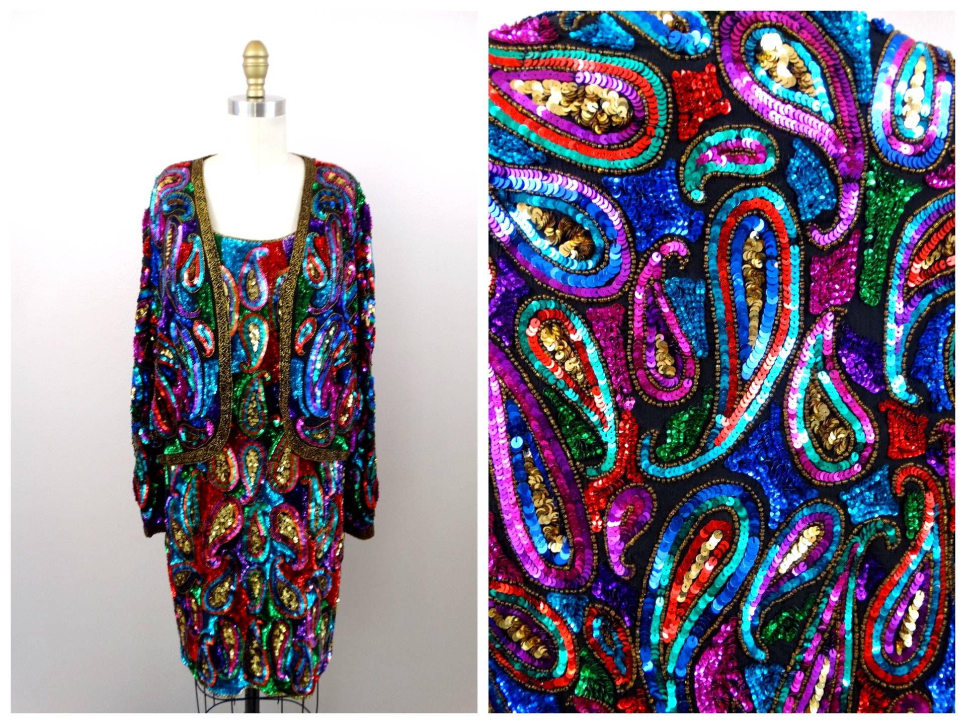 Rainbow Paisley Pailletten Kleid Mit Shrug // Farbenfrohes Handgefertigtes Voll Perlen Verziertes Cocktail Und Bolero Jacke von braxae