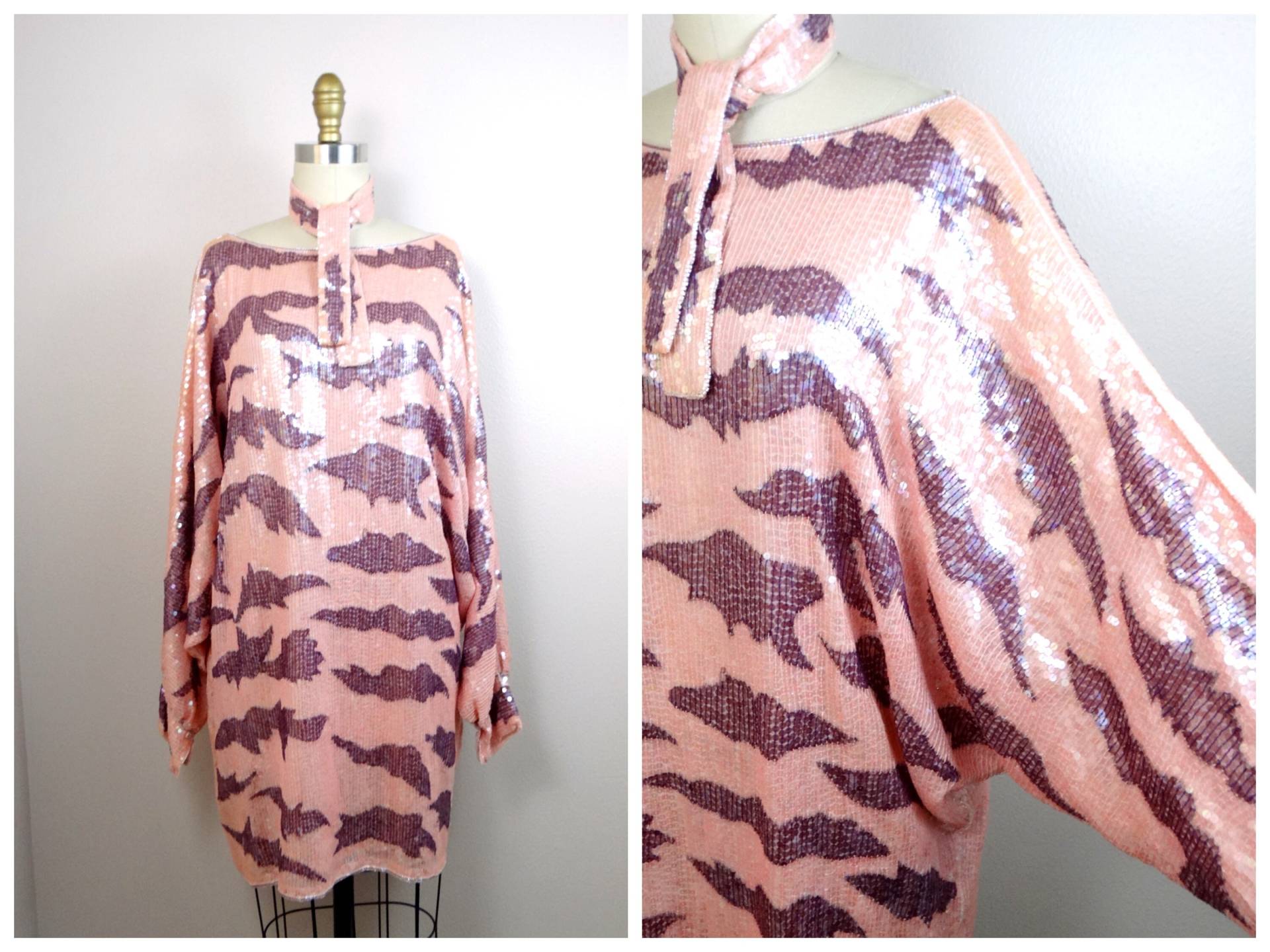 Rare Couture Pailletten Mini Kleid/Pastell Rosa Und Lila Perlen Oversized Tunika Top Oder von braxae