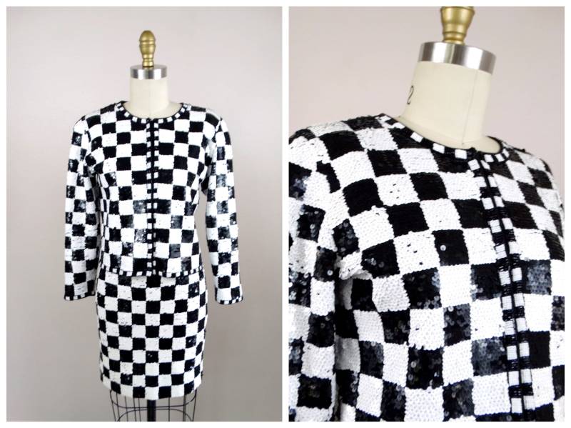 Retro Karo Pailletten Mini Rock + Blazer Jacke // Schwarz-Weiß Kariertes Kleid 2 Teiler Set Size Small von braxae