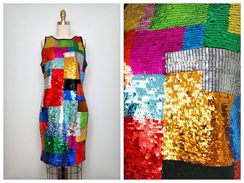 Retro Color Block Paillettenkleid/Regenbogen Perlen Kleid Buntes Trophy Party von braxae