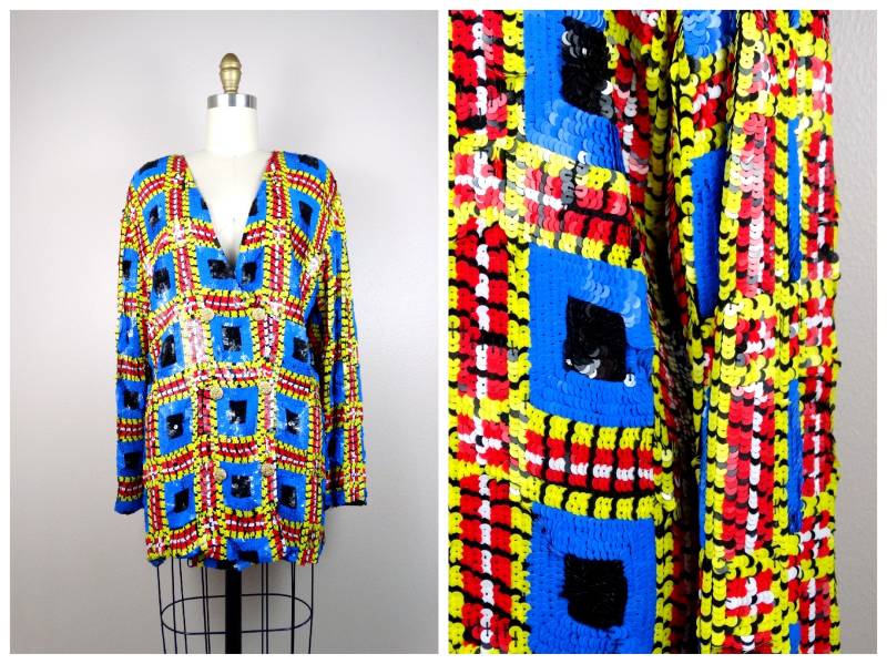 Retro Pailletten-Blazer/Gelb Blau & Rot Kariertes Karomuster Blazer M/L von braxae