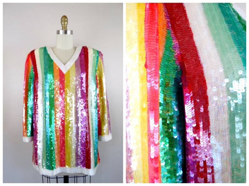 Retro Pailletten Top // Regenbogen Gestreifte Komplett Verzierte Bluse Buntes Vintage Gr. Medium Large von braxae