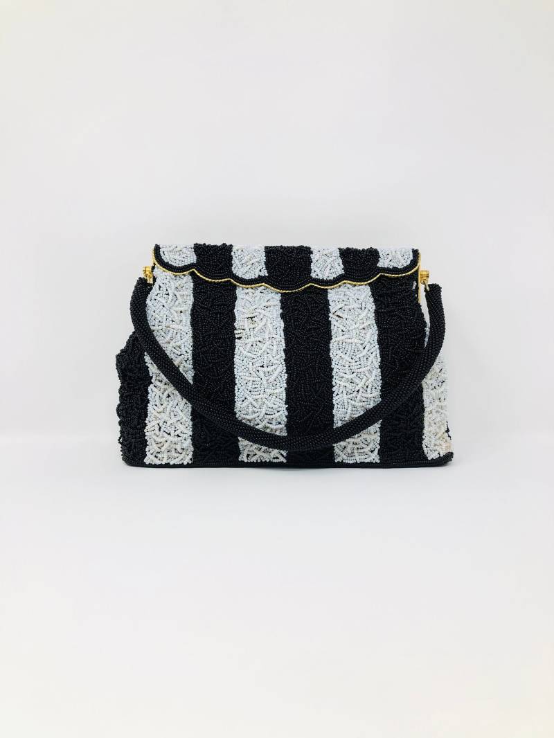 Retro Perlen Handtasche // Stark Perlenbesetzte Abendtasche Schwarz-Weiße Perlentasche Glam Mod Clutch von braxae