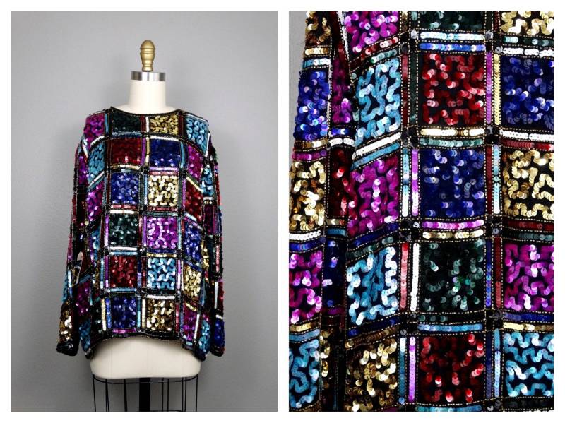 Retro Rainbow Pailletten Colorblock Top // Pink Rot Lila Blau Grün Gelb Karierte Bluse von braxae