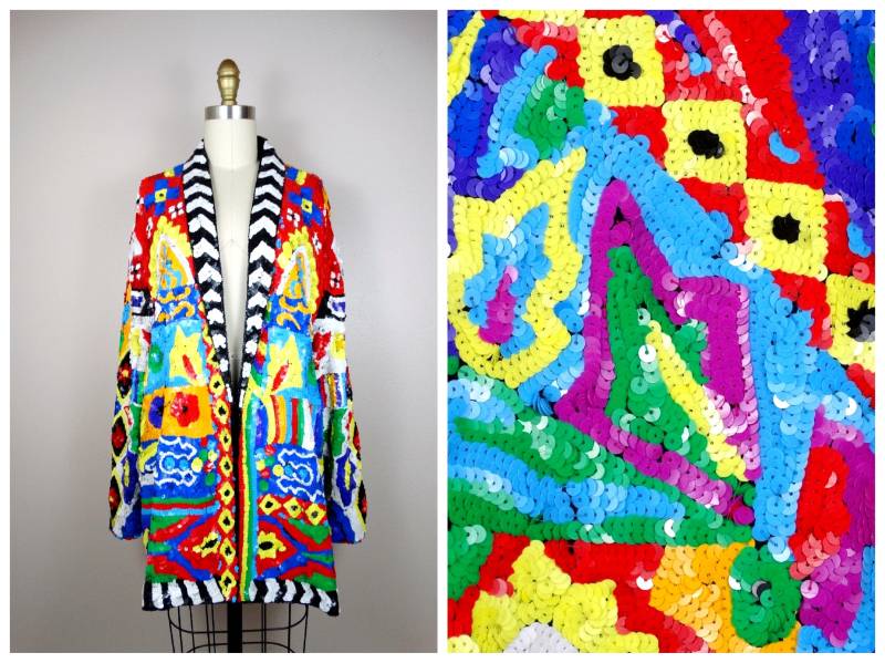 Retro Regenbogen Pailletten-Blazer/Funky Helle Und Bunte Pailletten-Jacke Komplett Verzierter Mantel von braxae