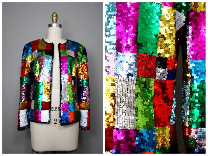 Retro Regenbogen Pailletten-strickjacke/Bunte Pailletten-Perlenjacke Heller Farbblock Verziertes Offenes Oberteil von braxae