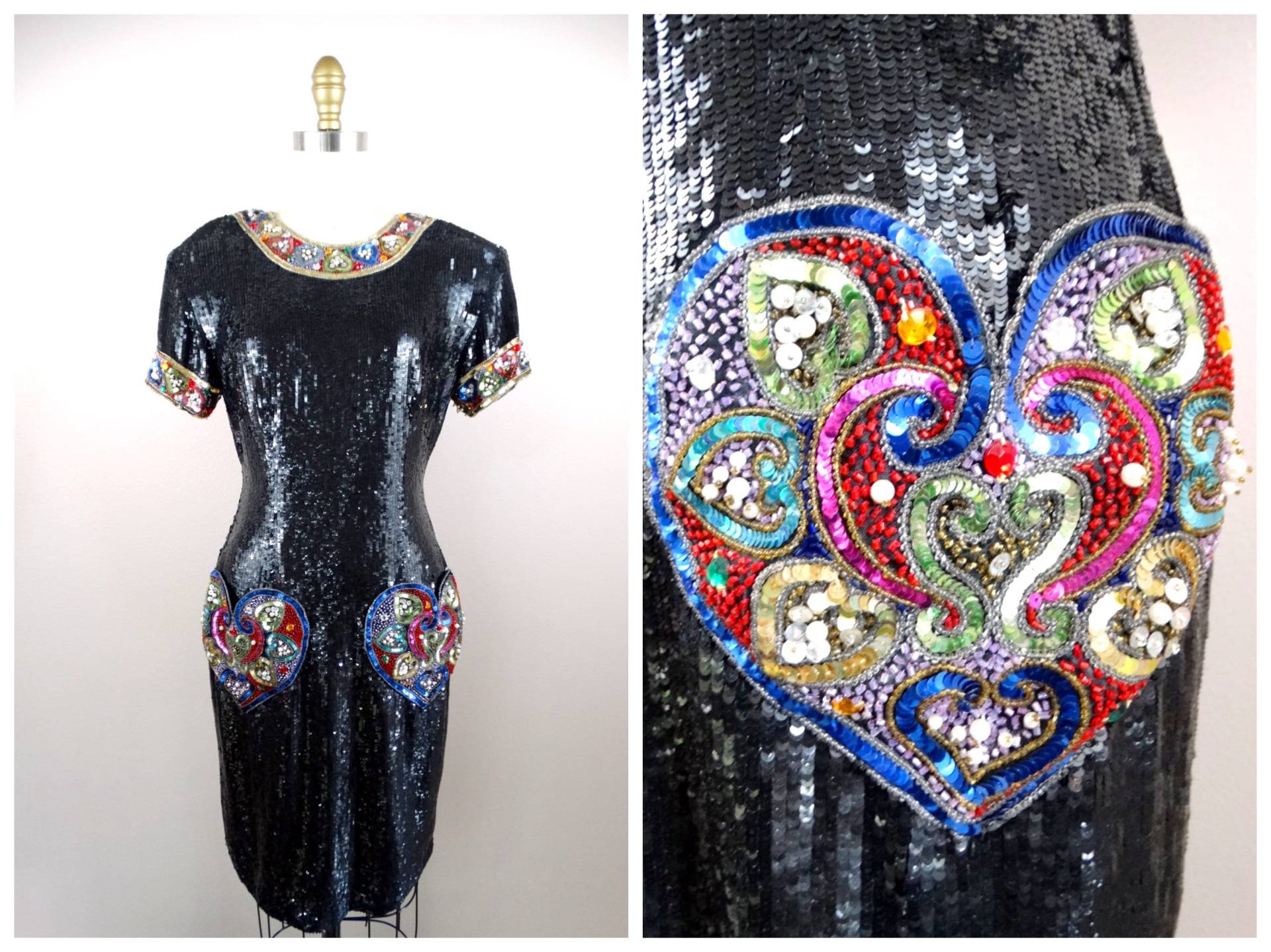 Riazee Pailletten Kleid Mit Herz Taschen // Naeem Khan Vintage Designer Beaded Jeweled Hearts Couture lbd von braxae