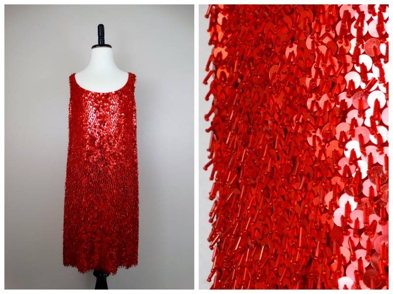 S/M All Fringe Beaded Mini Dress // Zotteliges Wiggle Cocktailparty Kleid Stark Paillettenbesetztes Rotes von braxae