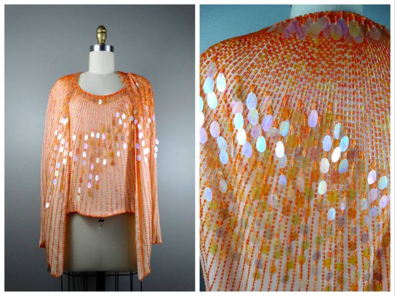 S/M Irisierendes Paillette Pailletten Orange Perlen Top Und Cardigan Shrug // Pastell Seidenperlen Formelles Abend Ensemble von braxae
