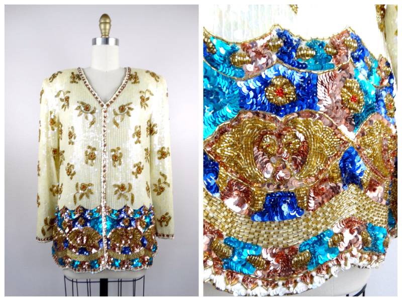 S/M Jewel Beaded Pailletten Top Opalisierendes Elfenbein Verziertes Blau Und Gold Perlen von braxae