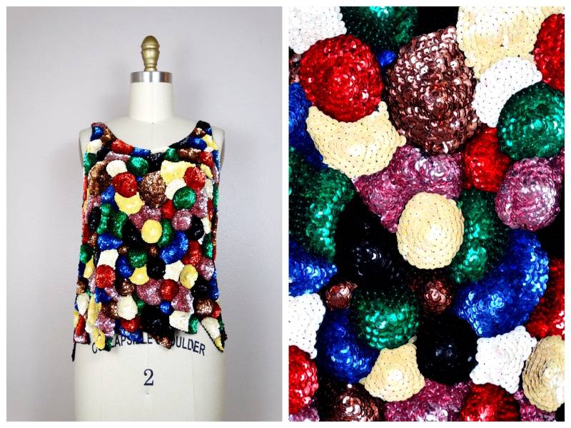 S/M Mosaik Pailletten Tank Top/Regenbogen Bunt Crop von braxae