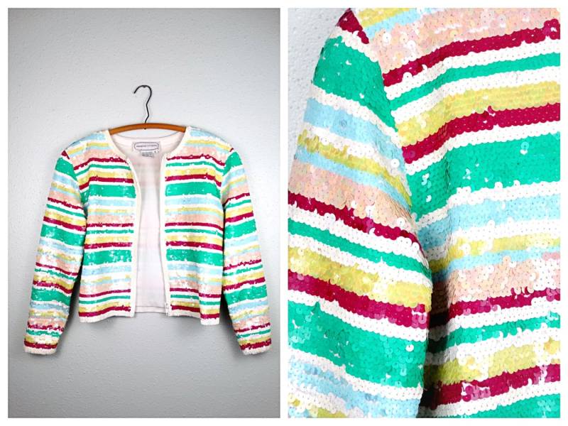 S/M Pastell Streifen Pailletten Cardigan Gelb Rosa Rot Weiß Und Grün Gestreifte Reißverschluss Jacke von braxae