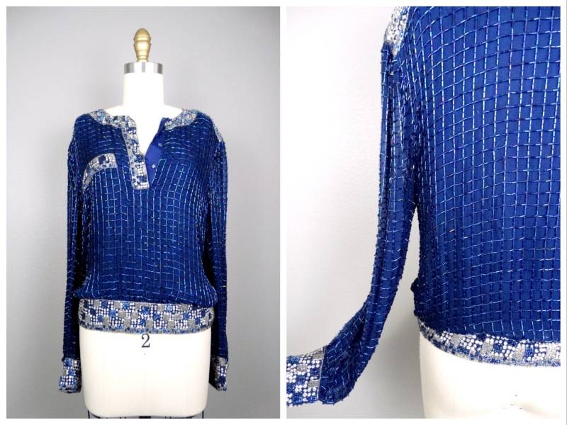 S/M Perlen Langarm Top Dark Navy Blau Trophy Bluse Medium von braxae