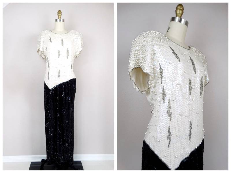 S/M Perlen Perlenbesetztes Kleid Schwarz Und Weiß Stark Verziertes Paillettenkleid von braxae