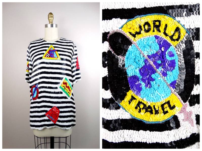 S/M Sequin Cruise Wear Top ‣ 90Er Jahre Retro Vintage Traveling Trophy Artsy Gestreiftes Neuartiges Pailletten-Perlentop von braxae