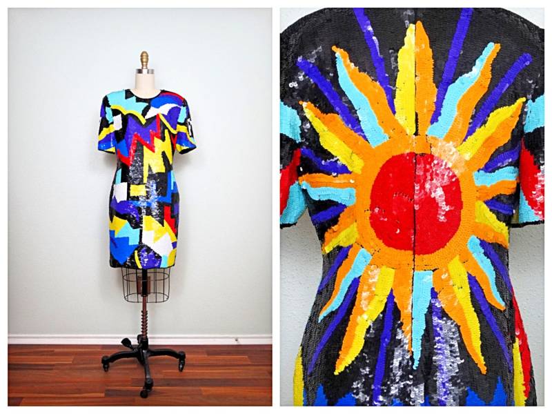 S/M Sunburst Pailletten Kleid/80Er Jahre Retro Bursting Sun Abstraktes Artsy Perlen Statement von braxae