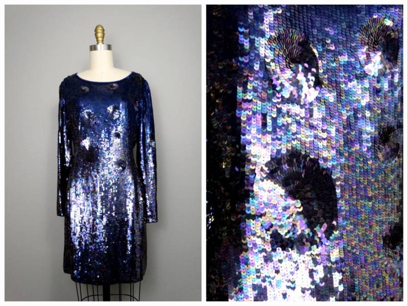 Saks Fifth Ave Paillettenkleid/Marineblaues Formelles Cocktail-Minikleid Voll Verziertes Ombre-Langarm-Partykleid von braxae