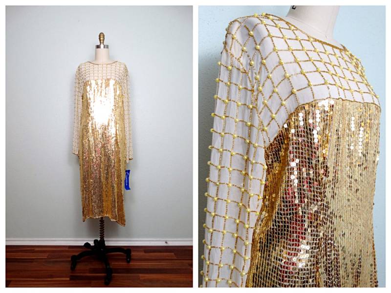 Schiere Perlen Gold Pailletten Kleid/Vintage Verzierte Schiere Seide Trophy von braxae