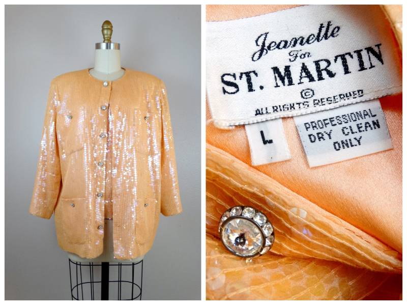 Schillernde Pfirsich Pailletten Abendjacke/Pastell Blazer Und Top Aus Reiner Seide Mit Kristall Strass Knöpfen Von Jeanette von braxae